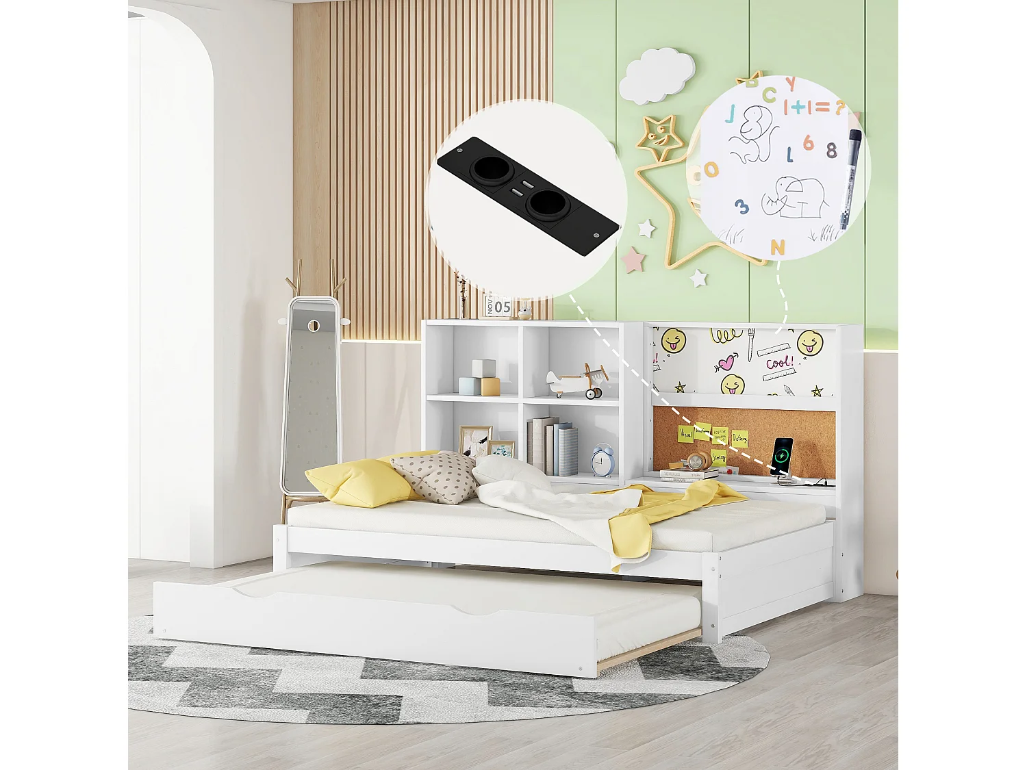Lit gigogne 90x200cm+90x190cm, Canapé-lit avec tête de lit de rangement, et port de chargement USB, blanc