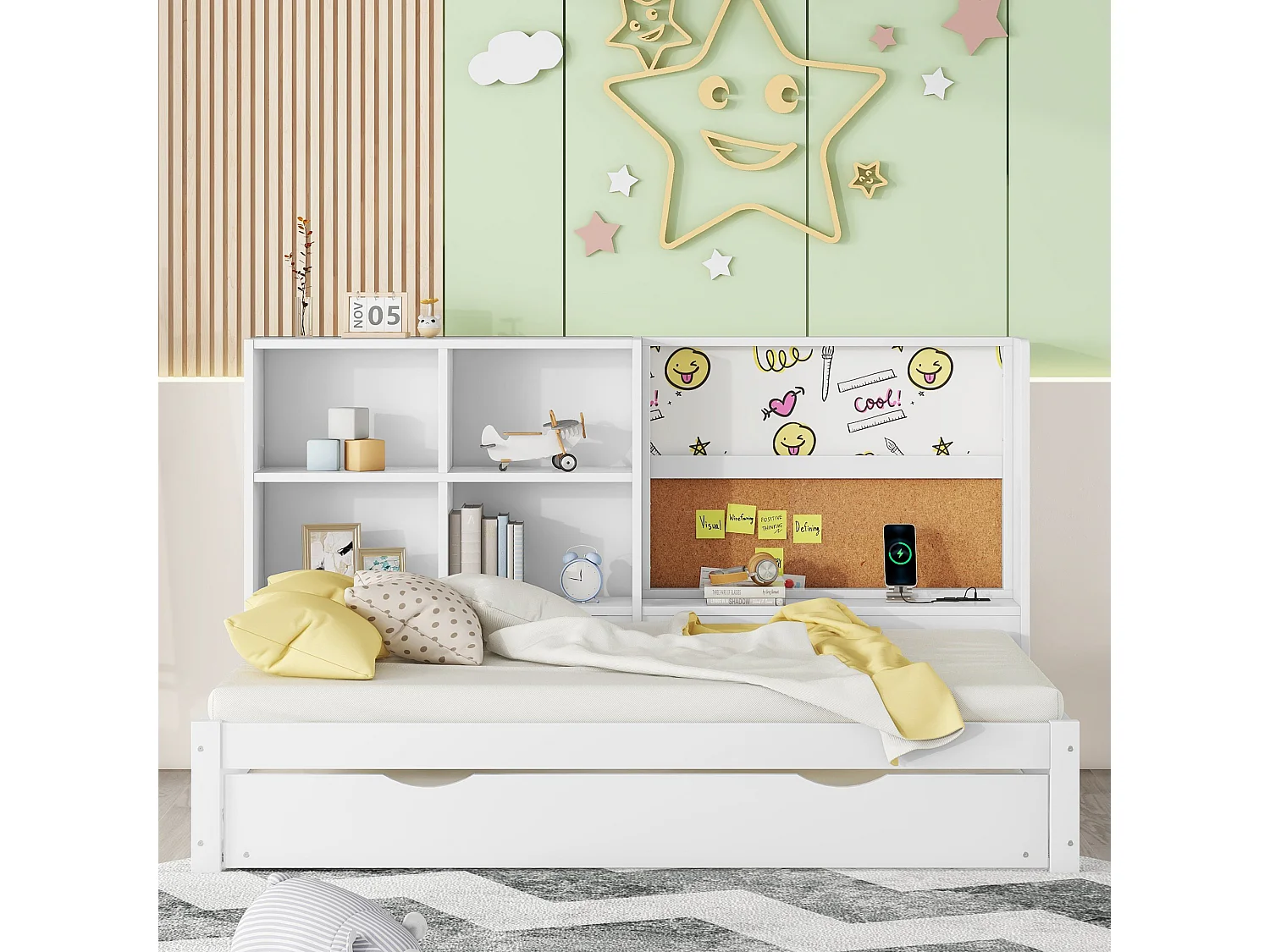 Lit gigogne 90x200cm+90x190cm, Canapé-lit avec tête de lit de rangement, et port de chargement USB, blanc