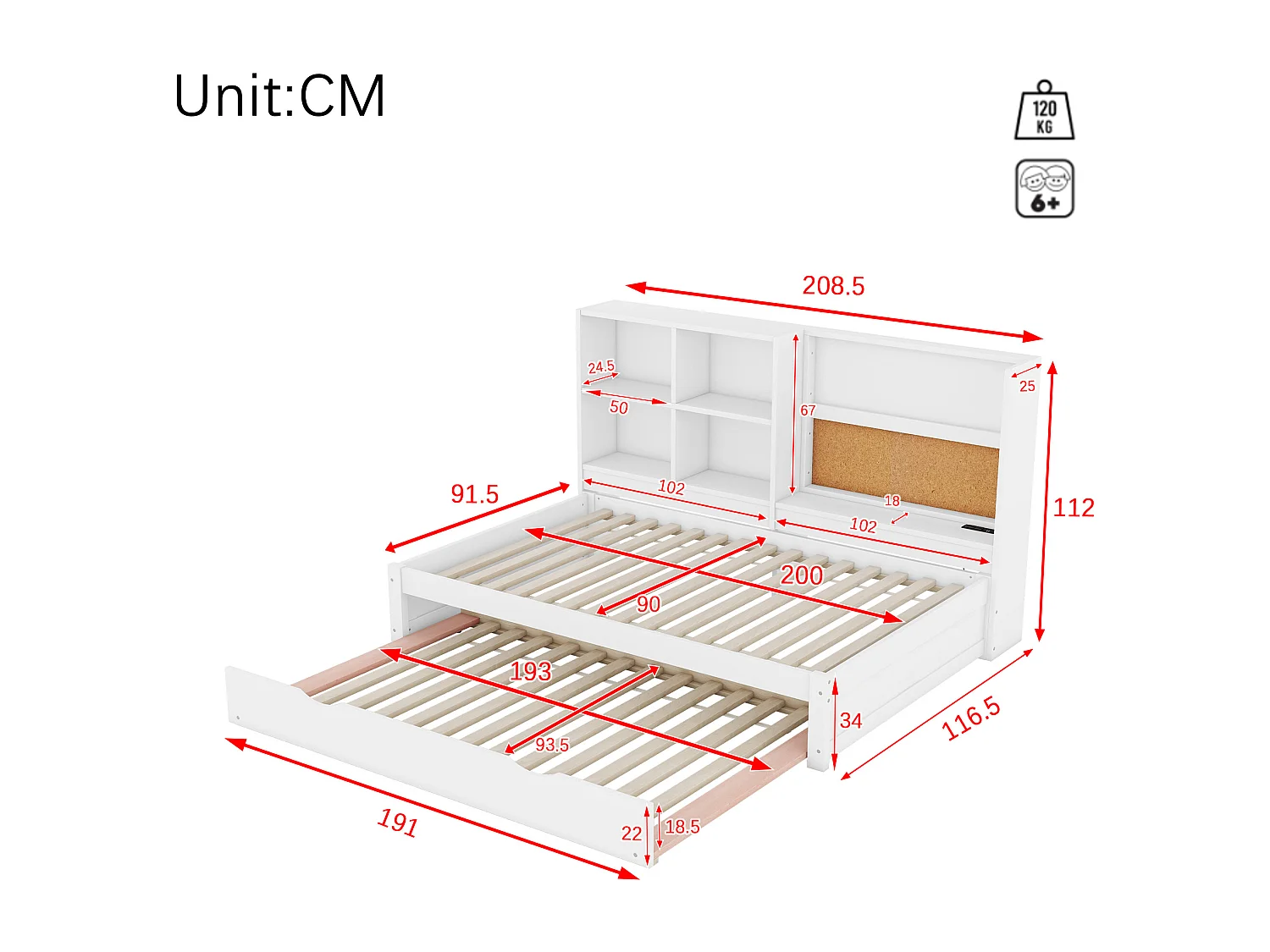 Lit gigogne 90x200cm+90x190cm, Canapé-lit avec tête de lit de rangement, et port de chargement USB, blanc