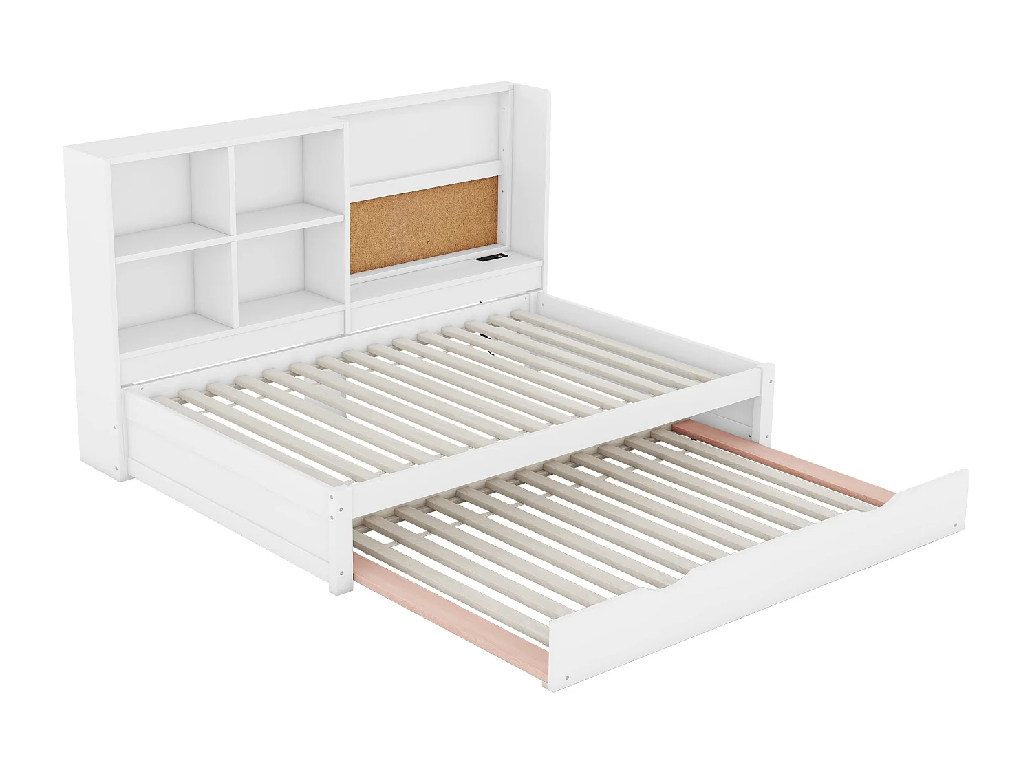 Lit gigogne 90x200cm+90x190cm, Canapé-lit avec tête de lit de rangement, et port de chargement USB, blanc