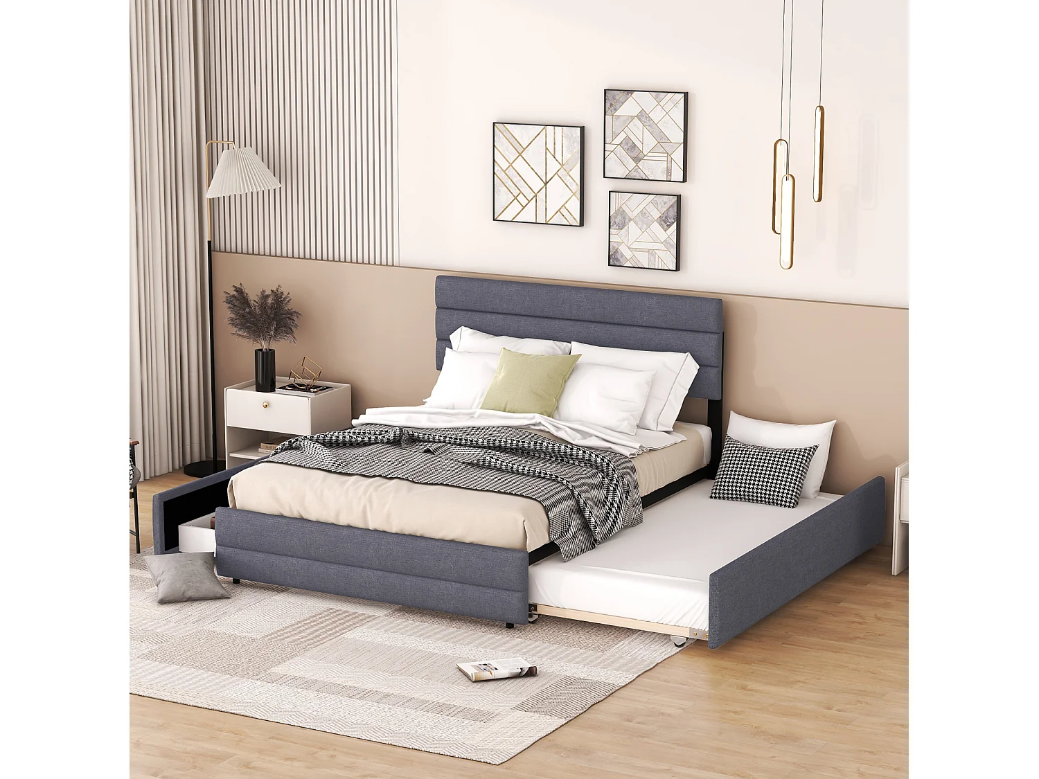 Ausziehbett für Erwachsene und Kinder 140 x 200 cm und 90 x 190 cm – Ausziehbares Plattformbett mit 2 Schubladen mit Lattenrost und Kopfteil – Grau