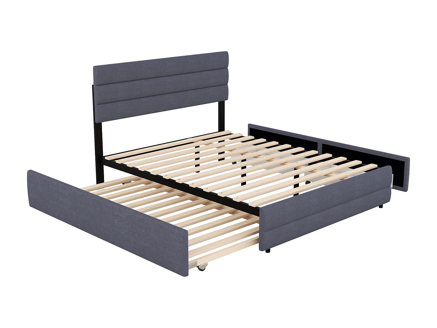 Ausziehbett für Erwachsene und Kinder 140 x 200 cm und 90 x 190 cm – Ausziehbares Plattformbett mit 2 Schubladen mit Lattenrost und Kopfteil – Grau