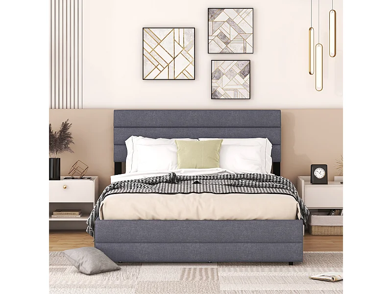 Lit gigogne pour adulte et enfant 140 x 200cm & 90 x 190cm - Lit plate-forme extensible avec 2 tiroirs avec sommier à lattes et tête de lit - gris