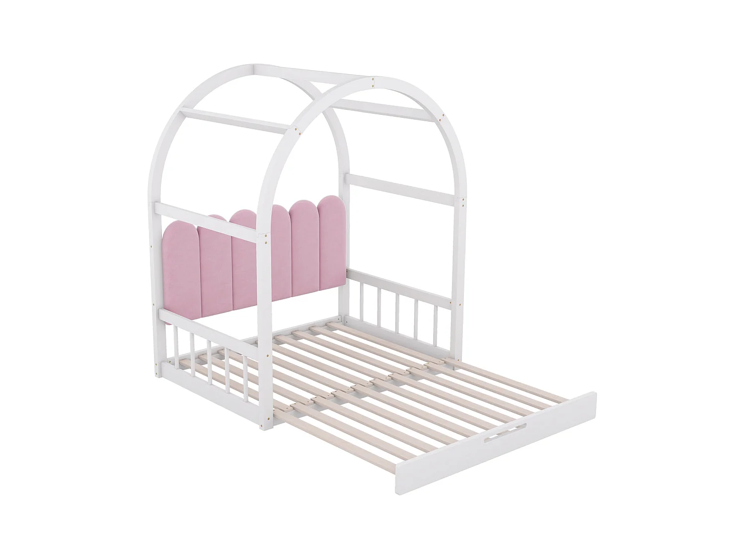 Lit à toit arqué extensible, lit coulissant, lit pour enfant, lit de repos, lit double, coussin en velours, cadre en bois de pin, blanc + rose