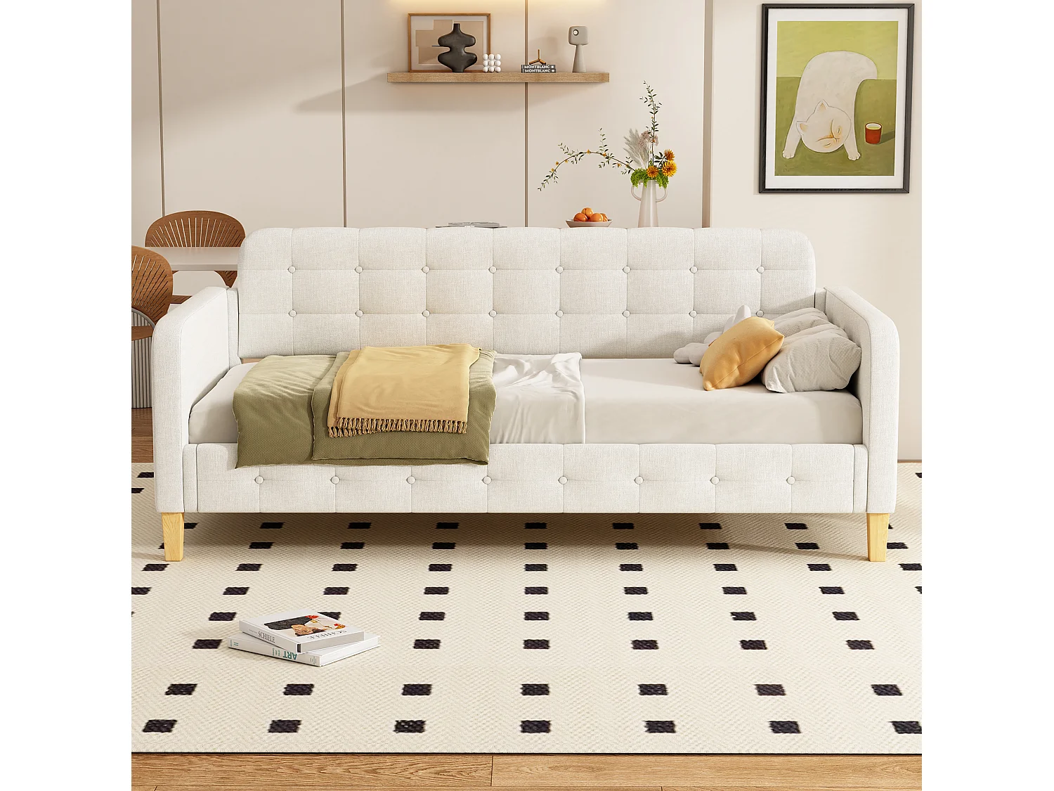 Letto singolo 90x200 cm, divano divano letto, decorazione con bottoni, semplice ed elegante, con rete a doghe, beige