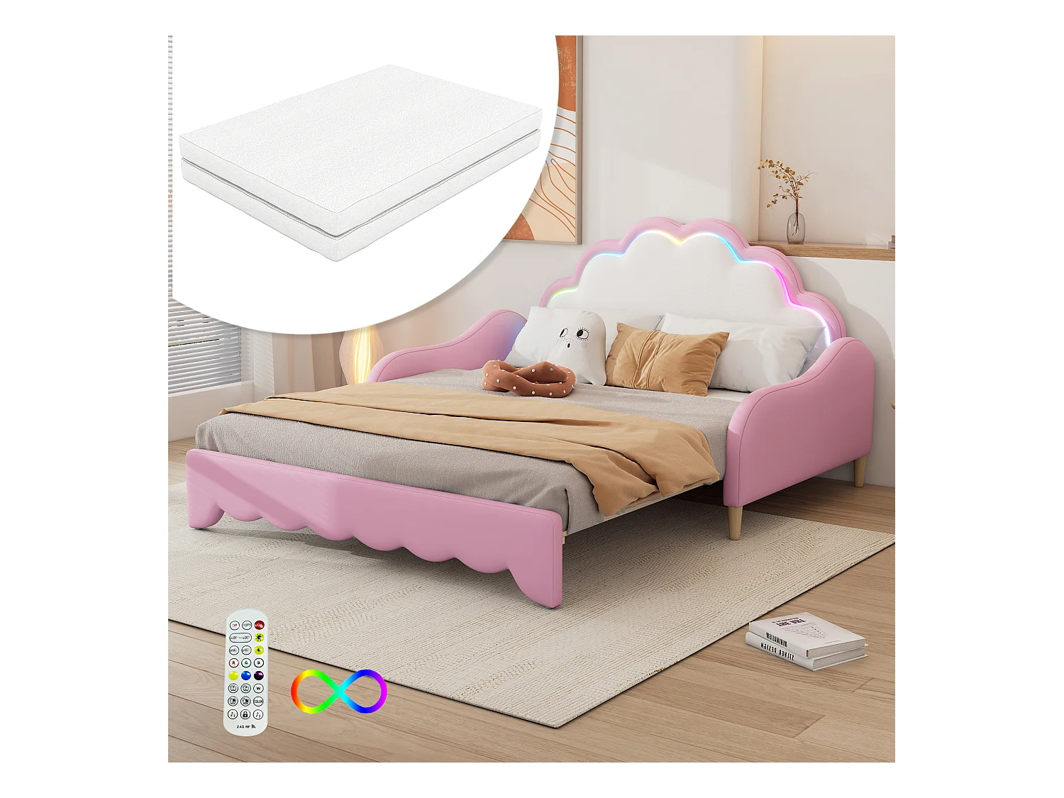 Lit gigogne 140x200cm, canapé lit avec tête de lit avec lumière d'ambiance, complet avec matelas, télécommande, rose