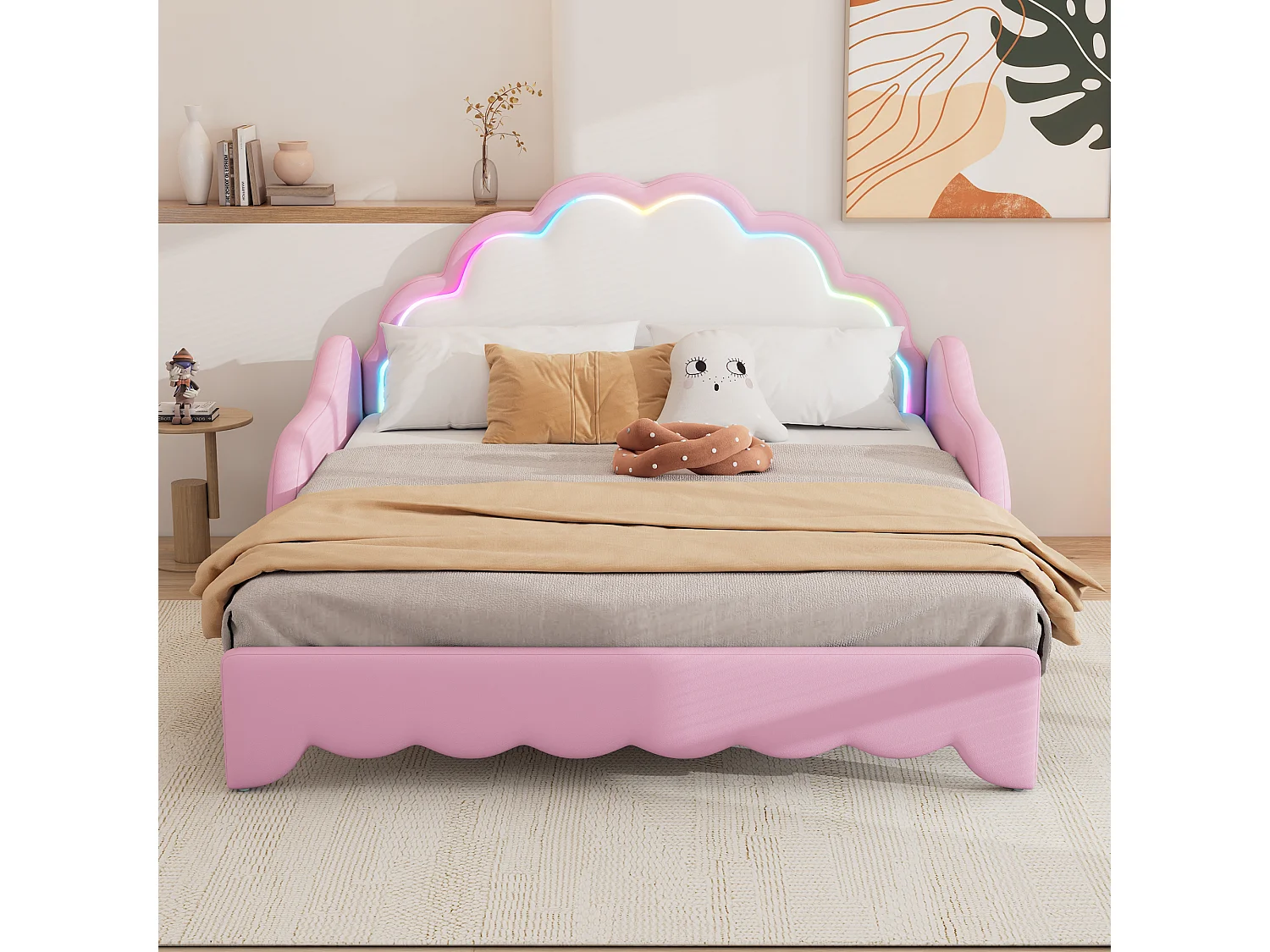 Letto estraibile 140x200 cm, divano letto con testiera con luce d'atmosfera, completo di materasso, telecomando, rosa