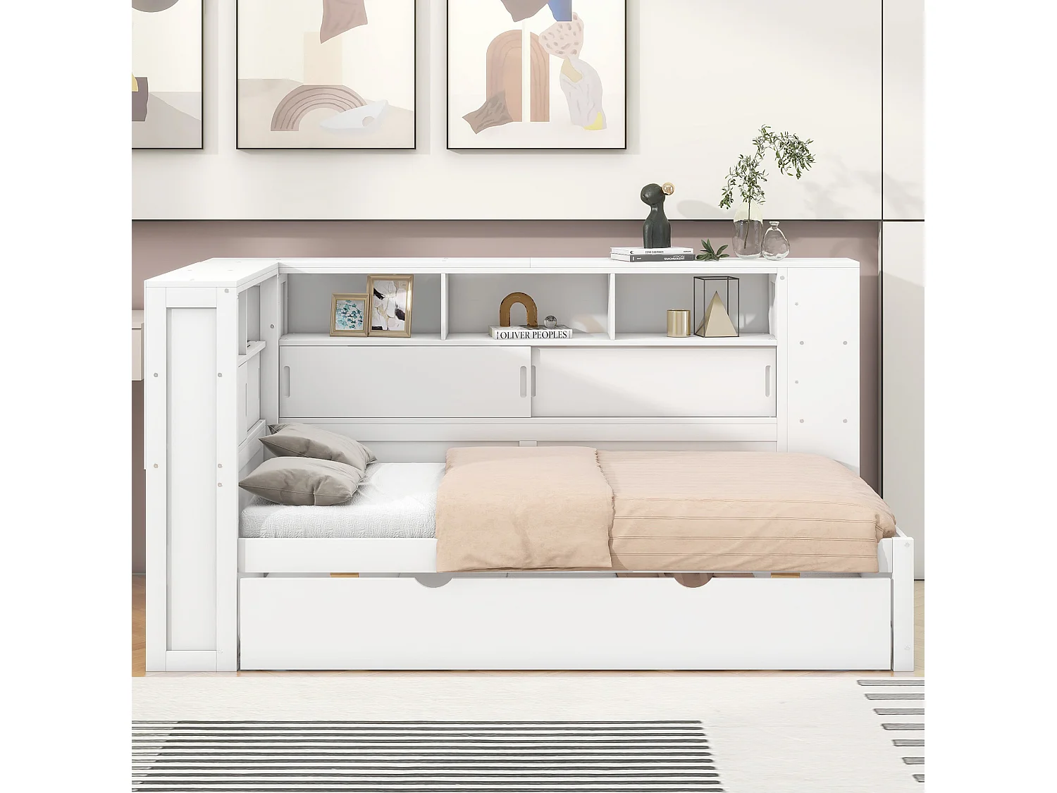 Uitschuifbed 90x200cm+90x190cm, Kinderplatformbed, met opbergvak met USB, lattenbodem, wit