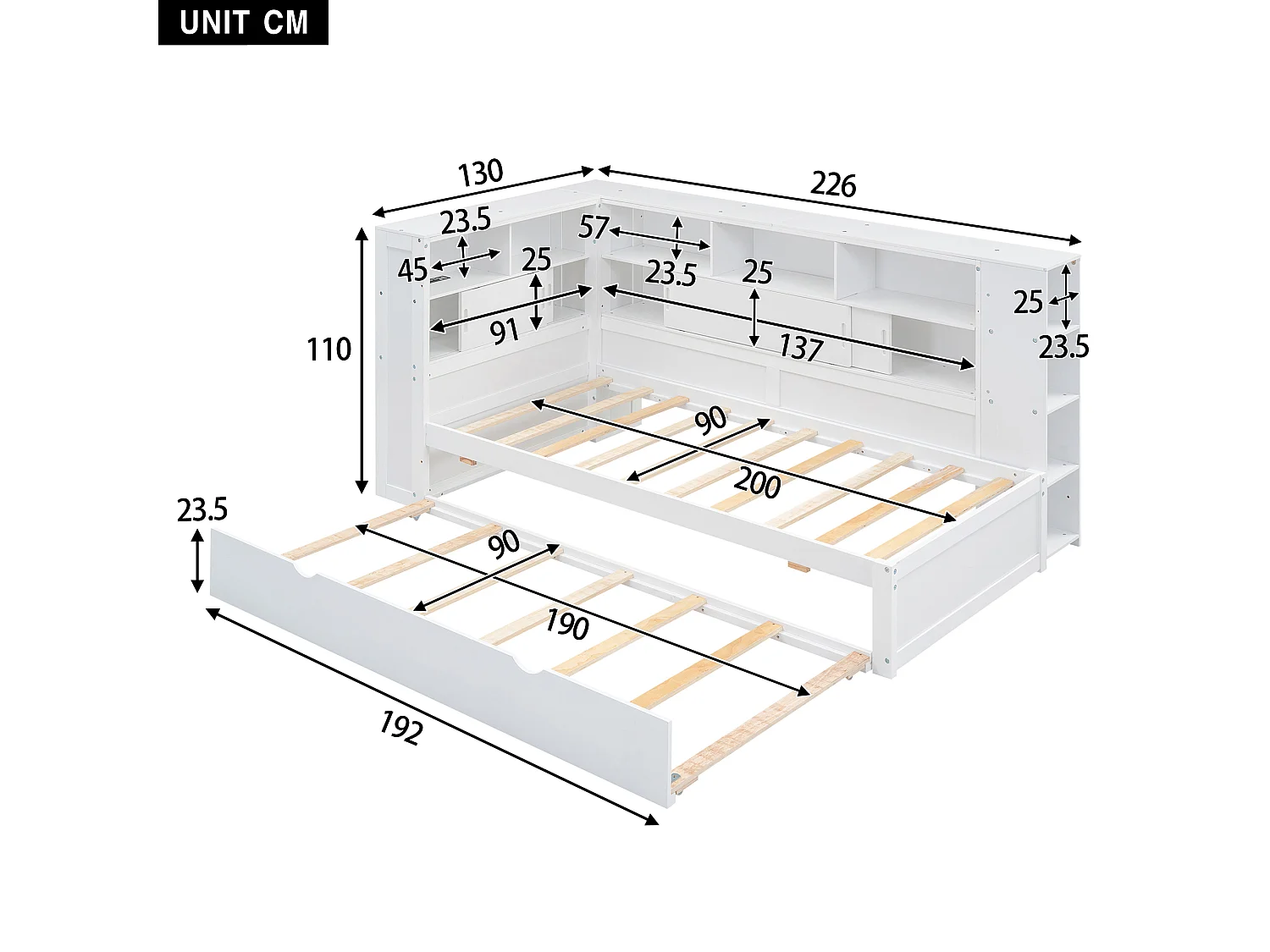 Uitschuifbed 90x200cm+90x190cm, Kinderplatformbed, met opbergvak met USB, lattenbodem, wit