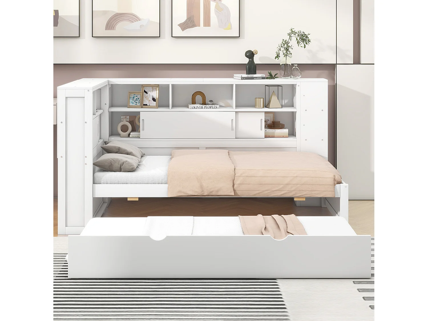 Uitschuifbed 90x200cm+90x190cm, Kinderplatformbed, met opbergvak met USB, lattenbodem, wit