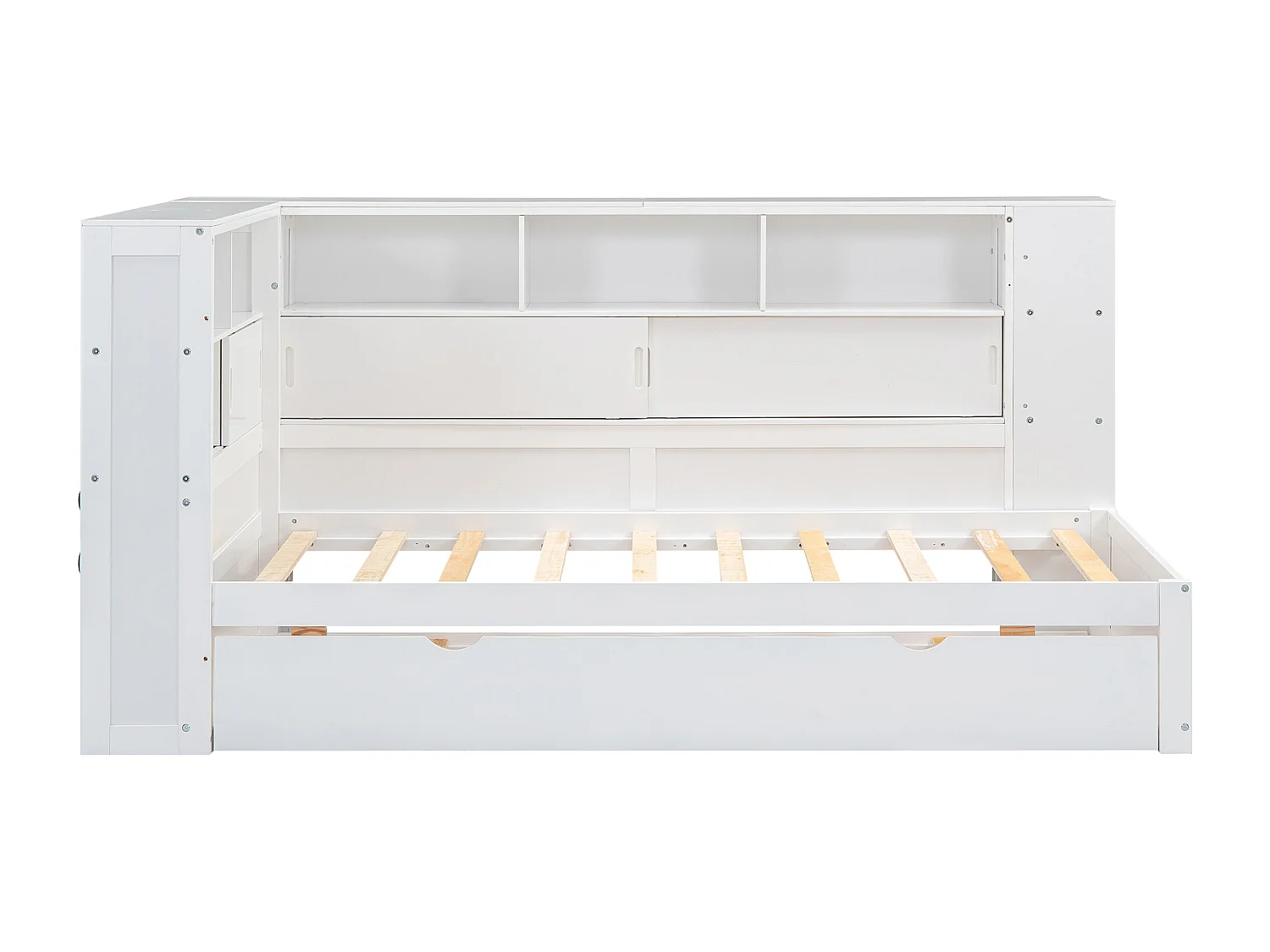 Uitschuifbed 90x200cm+90x190cm, Kinderplatformbed, met opbergvak met USB, lattenbodem, wit