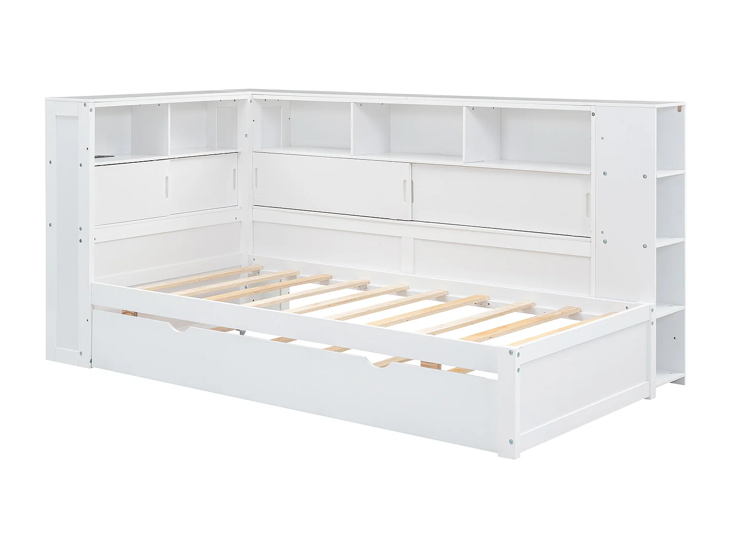 Uitschuifbed 90x200cm+90x190cm, Kinderplatformbed, met opbergvak met USB, lattenbodem, wit