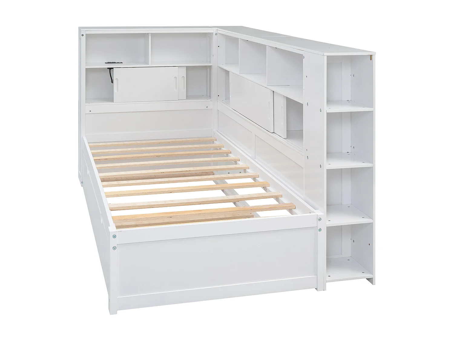 Uitschuifbed 90x200cm+90x190cm, Kinderplatformbed, met opbergvak met USB, lattenbodem, wit