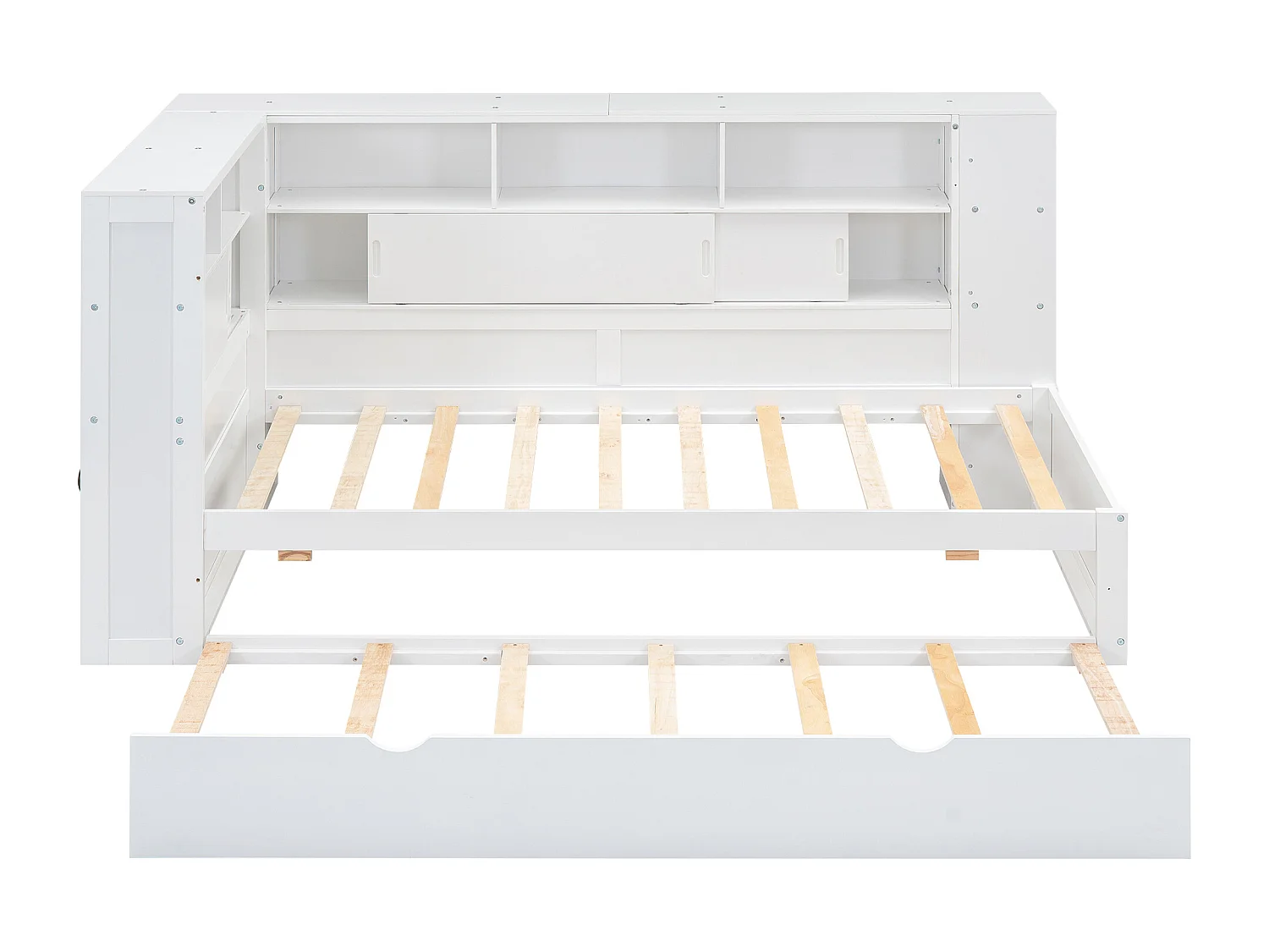 Uitschuifbed 90x200cm+90x190cm, Kinderplatformbed, met opbergvak met USB, lattenbodem, wit