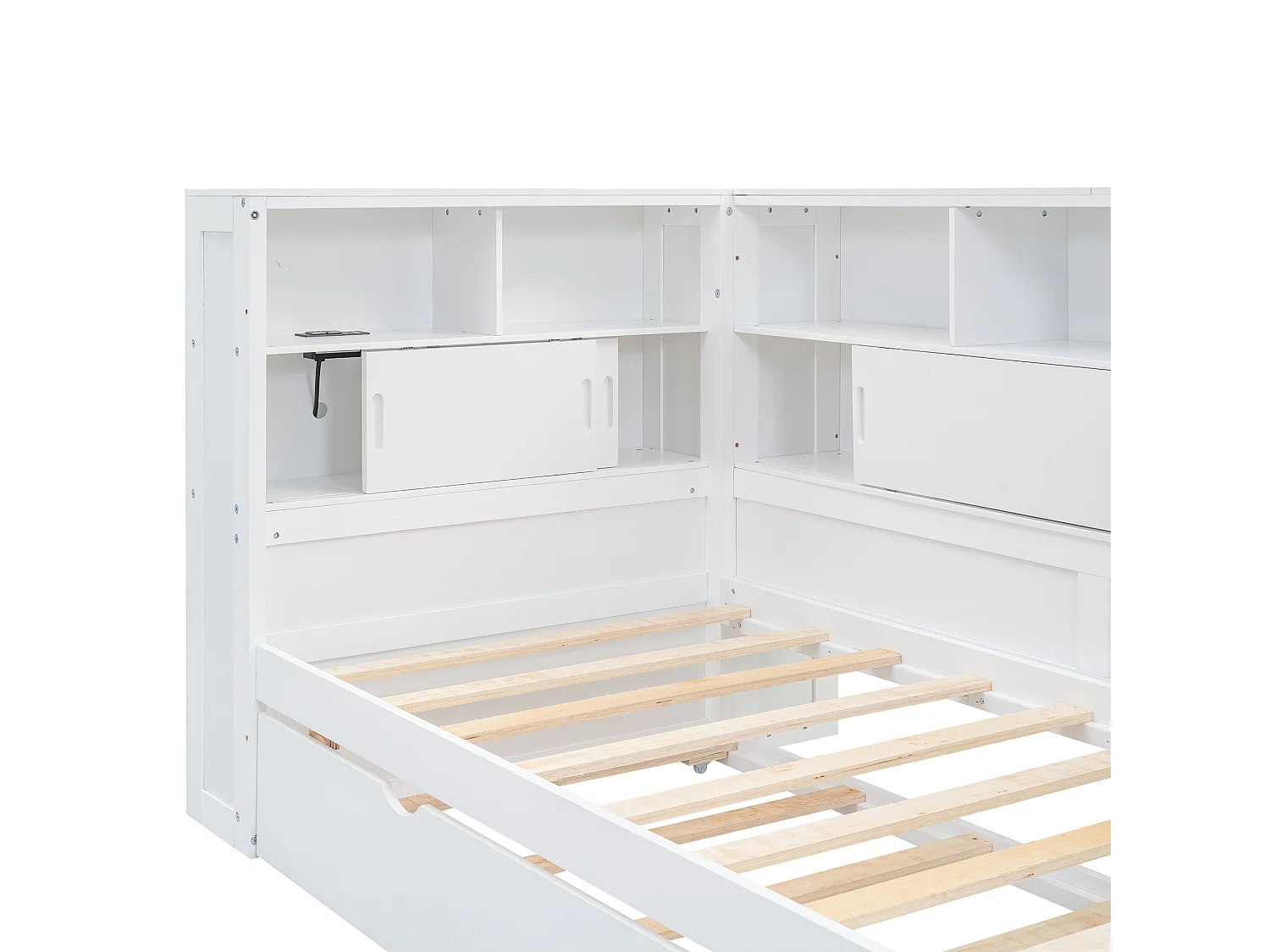 Uitschuifbed 90x200cm+90x190cm, Kinderplatformbed, met opbergvak met USB, lattenbodem, wit