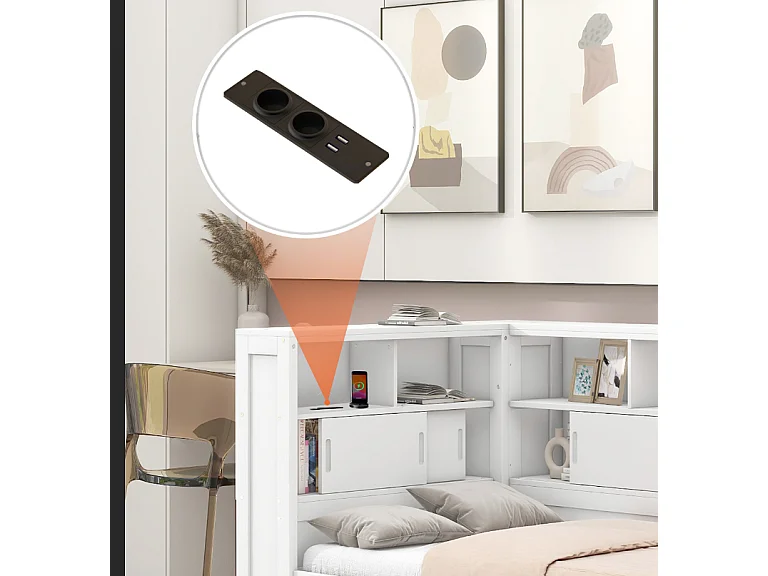 Uitschuifbed 90x200cm+90x190cm, Kinderplatformbed, met opbergvak met USB, lattenbodem, wit