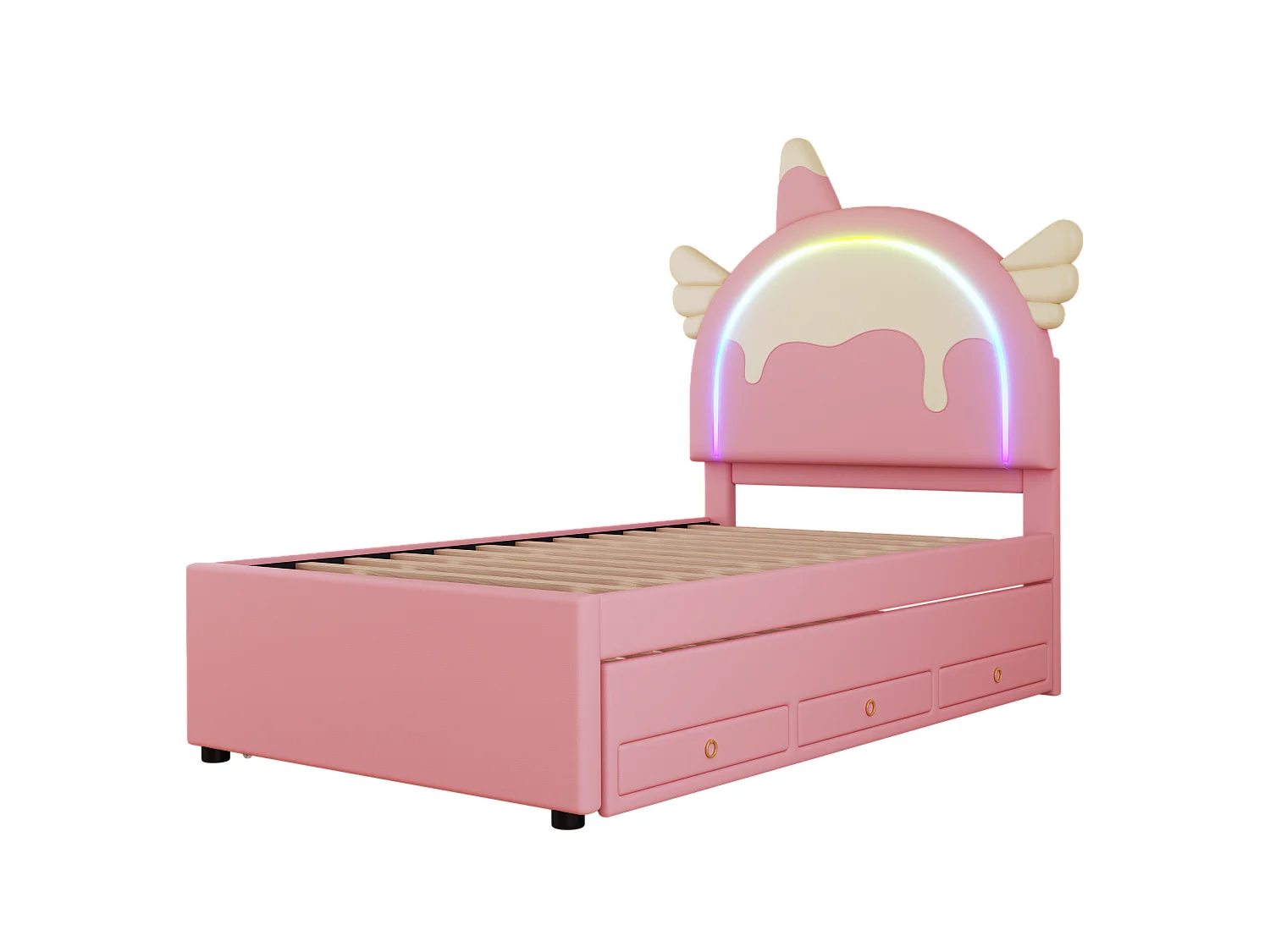 Rollbett 90x200cm+90x190cm, Kinderbett mit 3 Schubladen, Lattenrost und einhornförmigem Kopfteil, PU-Material, rosa