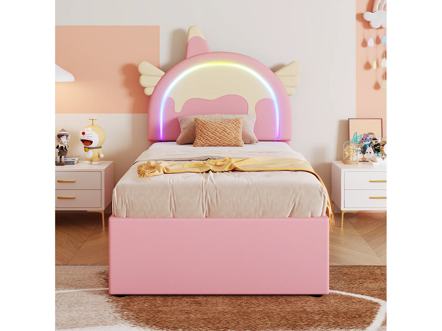 Cama nido 90x200cm+90x190cm, cama infantil con 3 cajones, somier y cabecero en forma de unicornio, material PU, rosa
