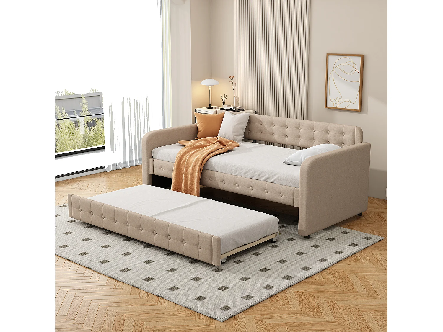 Lit gigogne 90x200cm+90x190cm, méridienne, peut être divisé en 2 lits, canapé lit, avec soomier à lattes, gris foncé