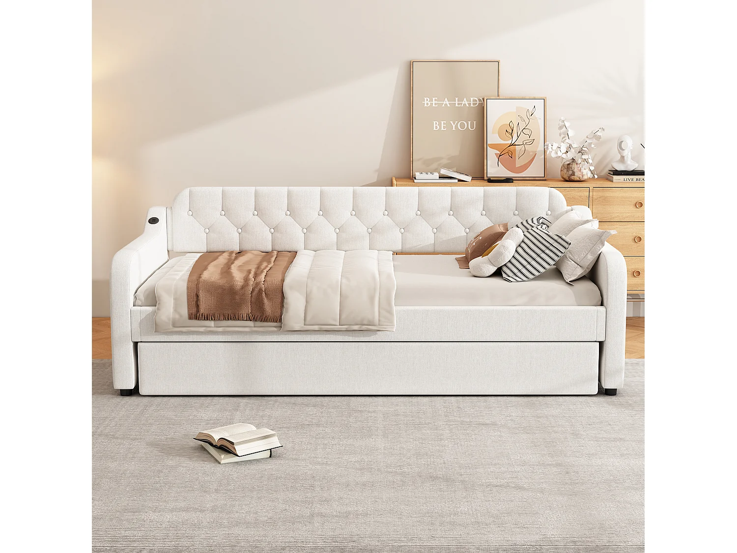 Letto estraibile 90/180x200 cm, divano letto allungabile, chaise longue con porta USB, senza materasso, beige
