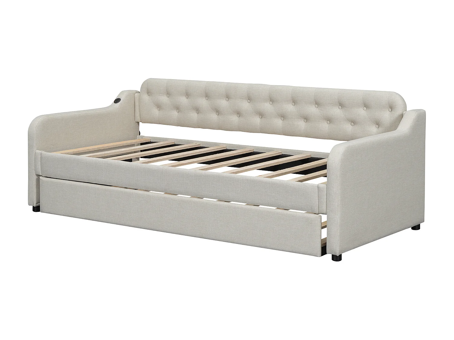 Letto estraibile 90/180x200 cm, divano letto allungabile, chaise longue con porta USB, senza materasso, beige