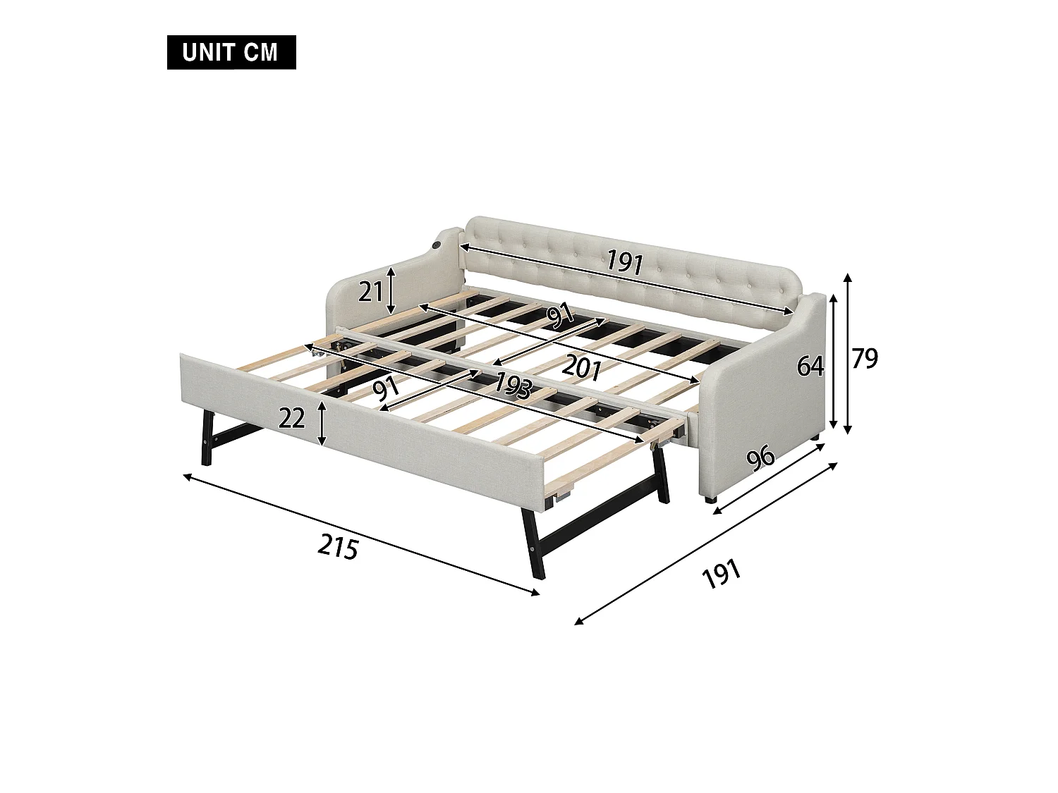 Uitschuifbed 90/180x200cm, uitschuifbare slaapbank, chaise longue met USB-aansluiting, zonder matras, beige