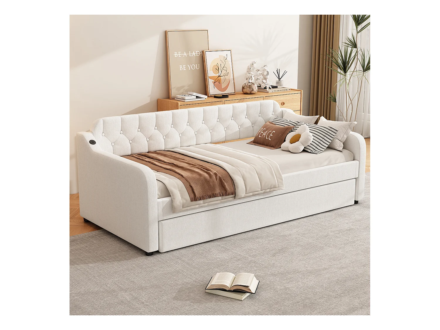 Uitschuifbed 90/180x200cm, uitschuifbare slaapbank, chaise longue met USB-aansluiting, zonder matras, beige