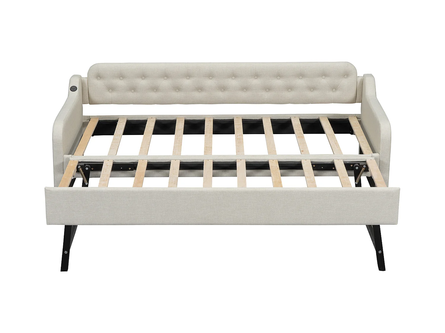 Uitschuifbed 90/180x200cm, uitschuifbare slaapbank, chaise longue met USB-aansluiting, zonder matras, beige