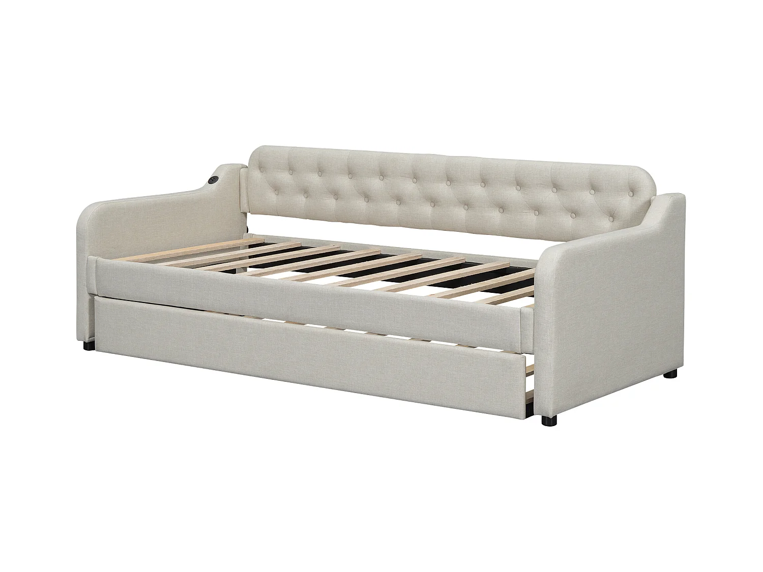 Uitschuifbed 90/180x200cm, uitschuifbare slaapbank, chaise longue met USB-aansluiting, zonder matras, beige
