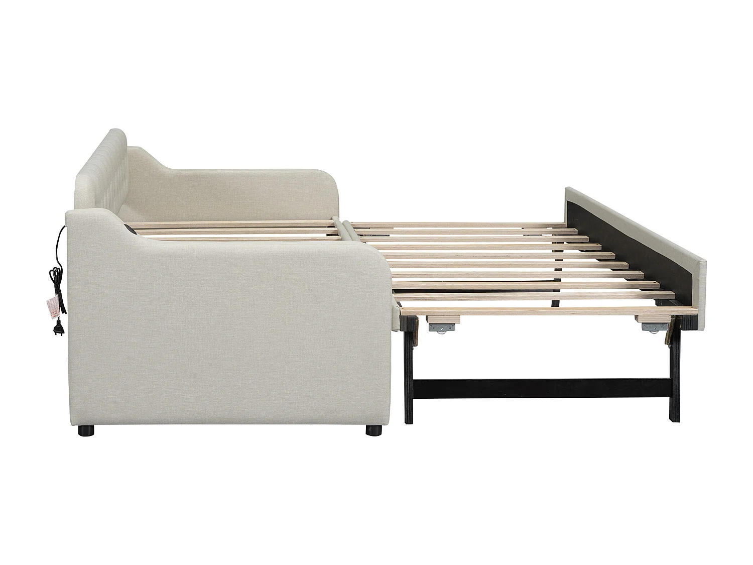Lit gigogne 90/180x200cm, canapé lit extensible, méridienne avec port USB, sans matelas, beige