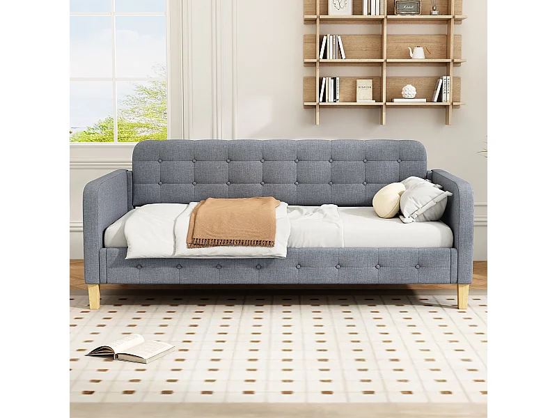 Schlafsofa aus Leinen, 90 x 200 cm, Bettgestell, Knopfknopfverzierung, schlichtes und elegantes Bett, Grau