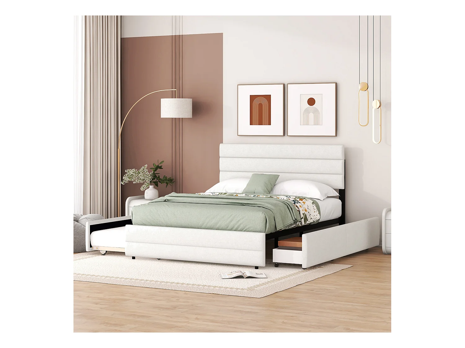 Lit gigogne pour adulte et enfant 140 x 200cm & 90 x 190cm - Lit plate-forme extensible avec 2 tiroirs avec sommier à lattes et tête de lit - blanc
