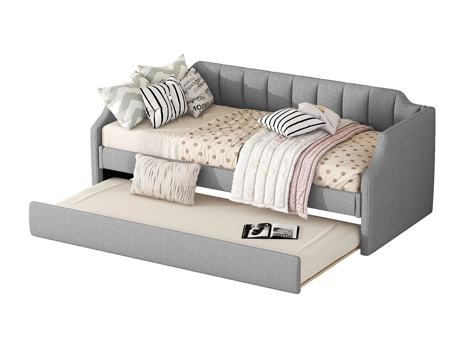 Letto estraibile 90x200cm+90x190cm - Divano letto allungabile con reti a doghe in legno, senza materasso - Lino Grigio