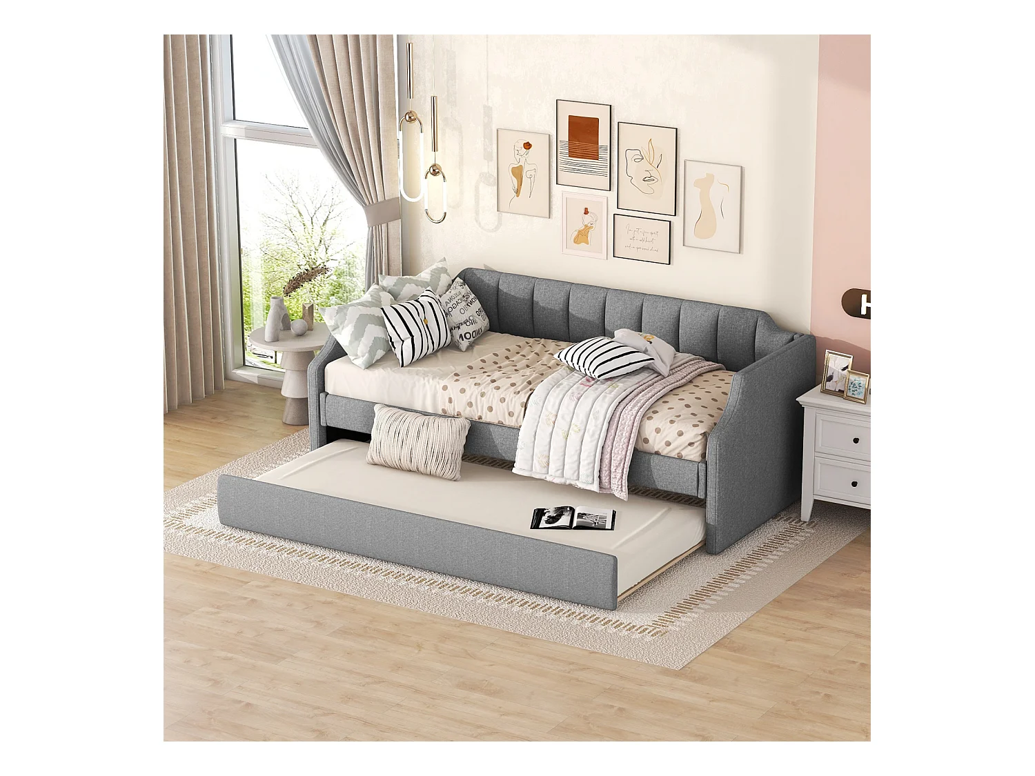 Lit gigogne 90x200cm+90x190cm - Canapé-lit extensible avec sommiers à lattes en bois, sans matelas - Lin Gris