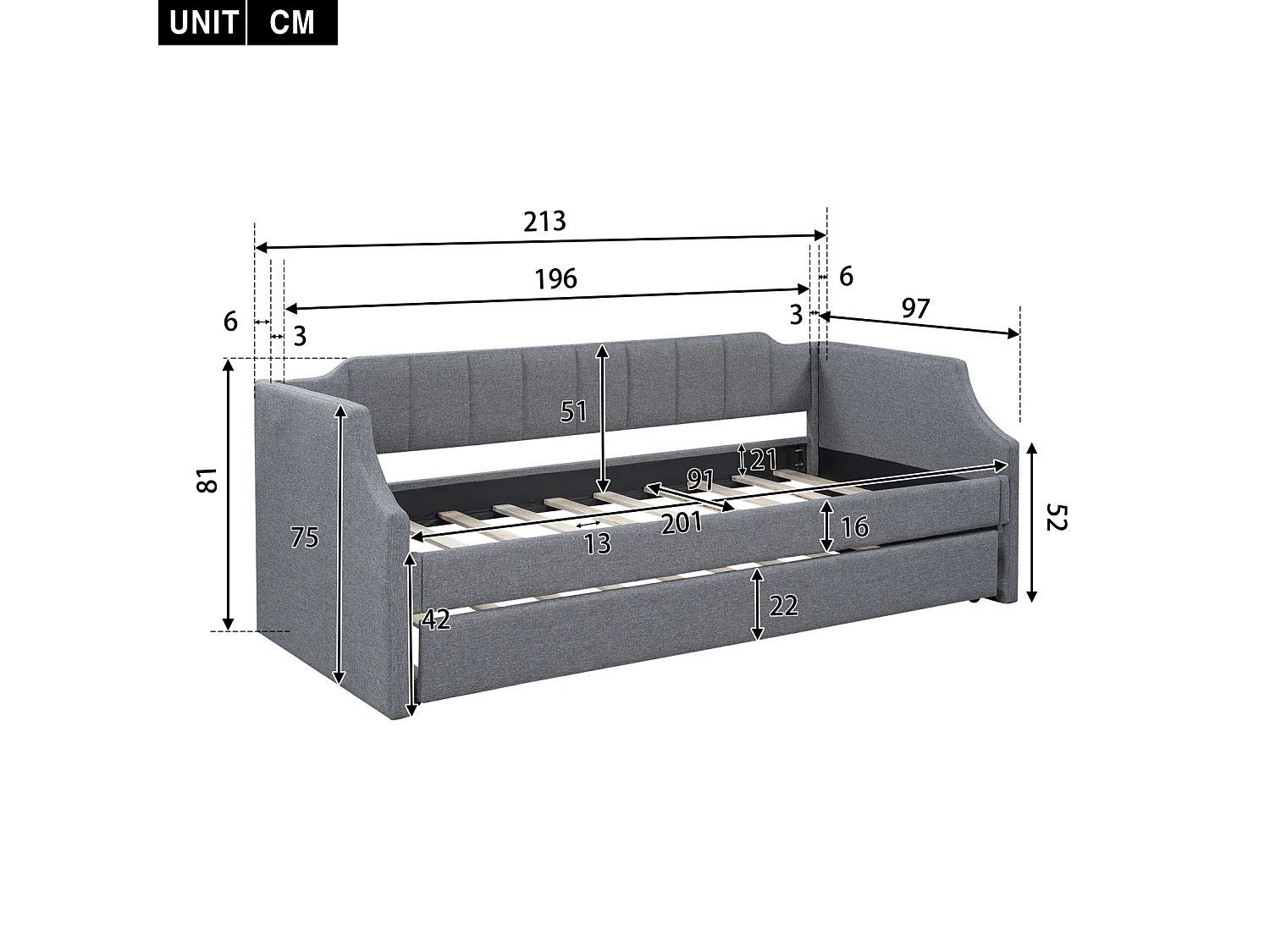 Uitschuifbed 90x200cm+90x190cm - Uitschuifbare slaapbank met houten lattenbodems, zonder matras - Grijs linnen