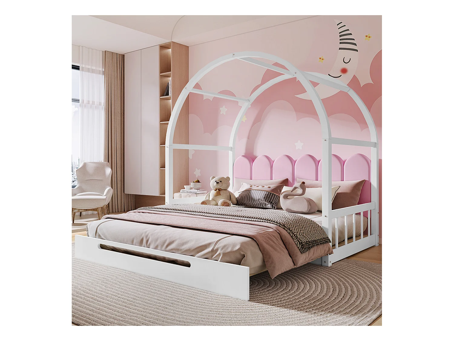 Lit gigogne d'enfant 140x100cm&140x200cm - lit en bois extensible lit coulissant, matelas en éponge blanche，coussins en velours - Blanc