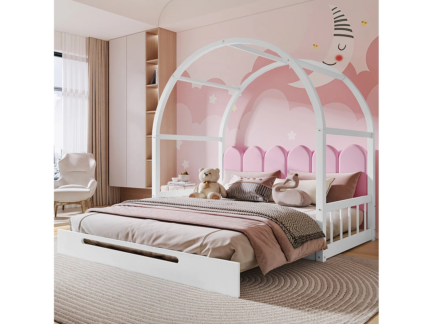 Lit gigogne d'enfant 140x100cm&140x200cm - lit en bois extensible lit coulissant, matelas en éponge blanche，coussins en velours - Blanc