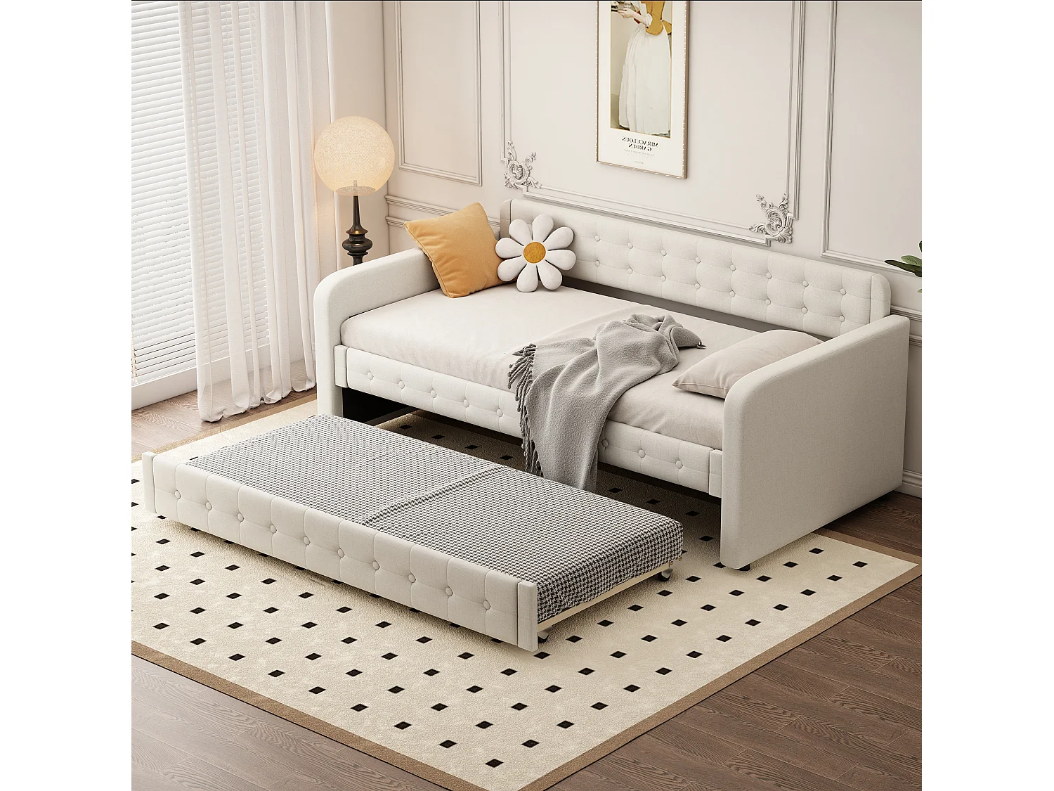 Ausziehbett 90x200cm+90x190cm, Chaiselongue, teilbar in 2 Betten, Schlafsofa, mit Lattenrost, Dunkelbeige