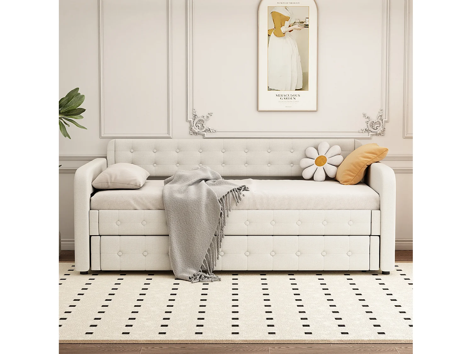 Ausziehbett 90x200cm+90x190cm, Chaiselongue, teilbar in 2 Betten, Schlafsofa, mit Lattenrost, Dunkelbeige