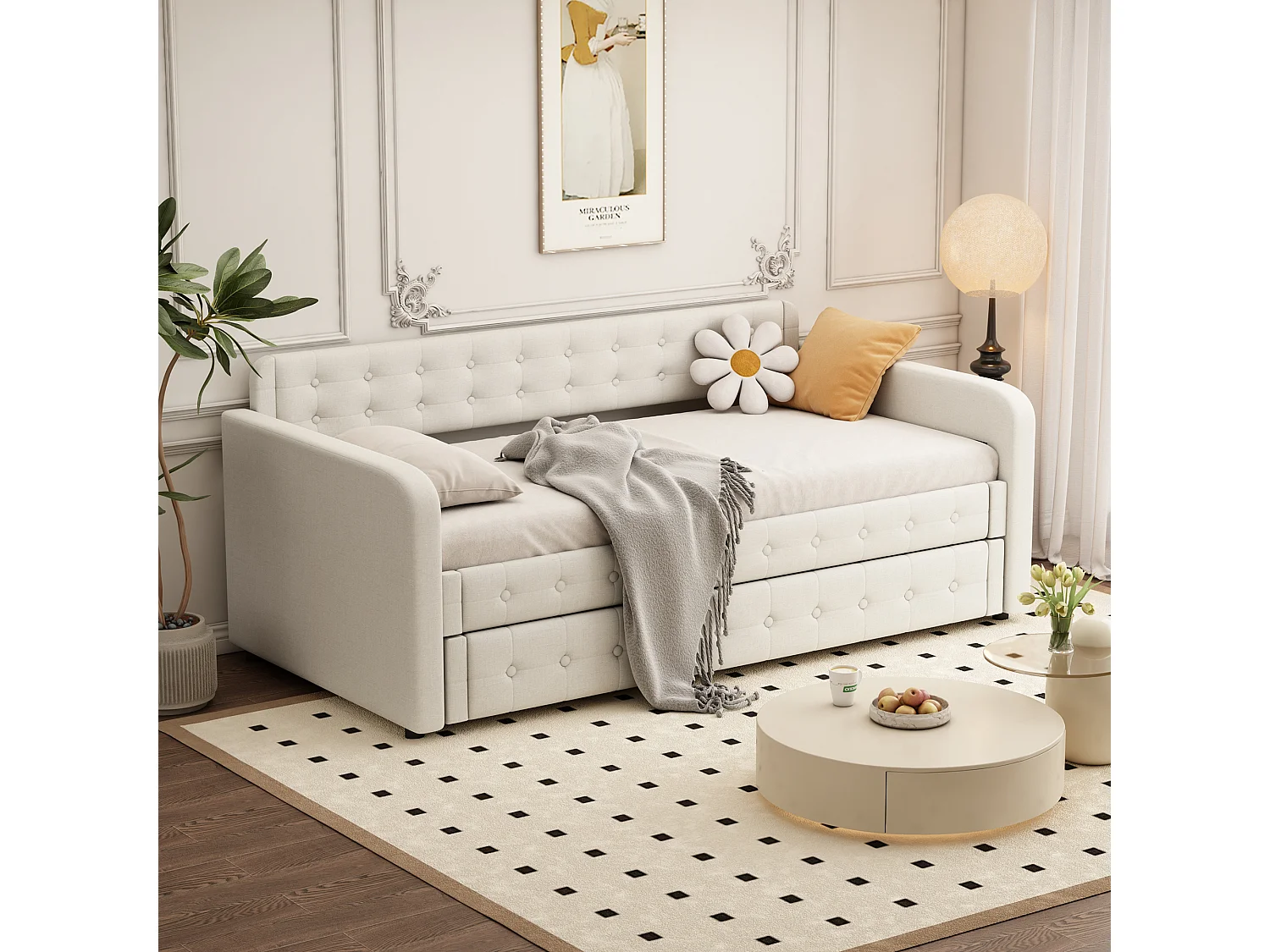 Ausziehbett 90x200cm+90x190cm, Chaiselongue, teilbar in 2 Betten, Schlafsofa, mit Lattenrost, Dunkelbeige