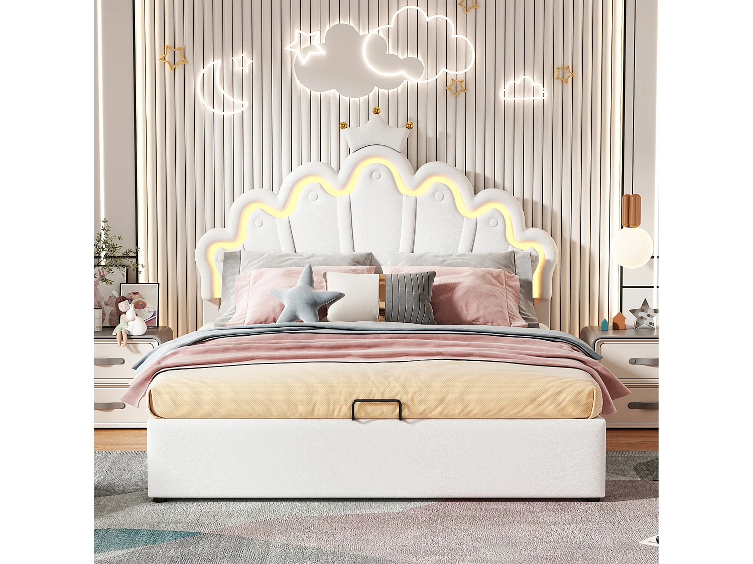 Lit plat, lit capitonné, lit princesse, éclairage d'ambiance réglable, moulure couronnée, blanc, 140 x 200 cm