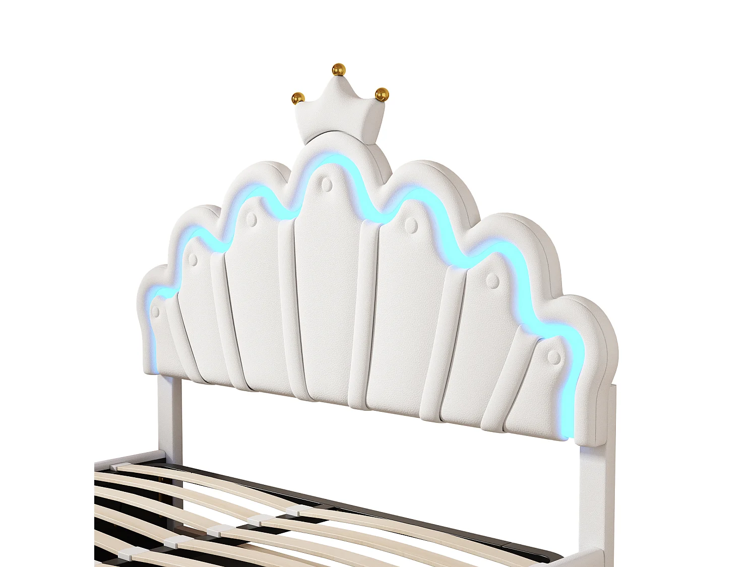 Lit plat, lit capitonné, lit princesse, éclairage d'ambiance réglable, moulure couronnée, blanc, 140 x 200 cm
