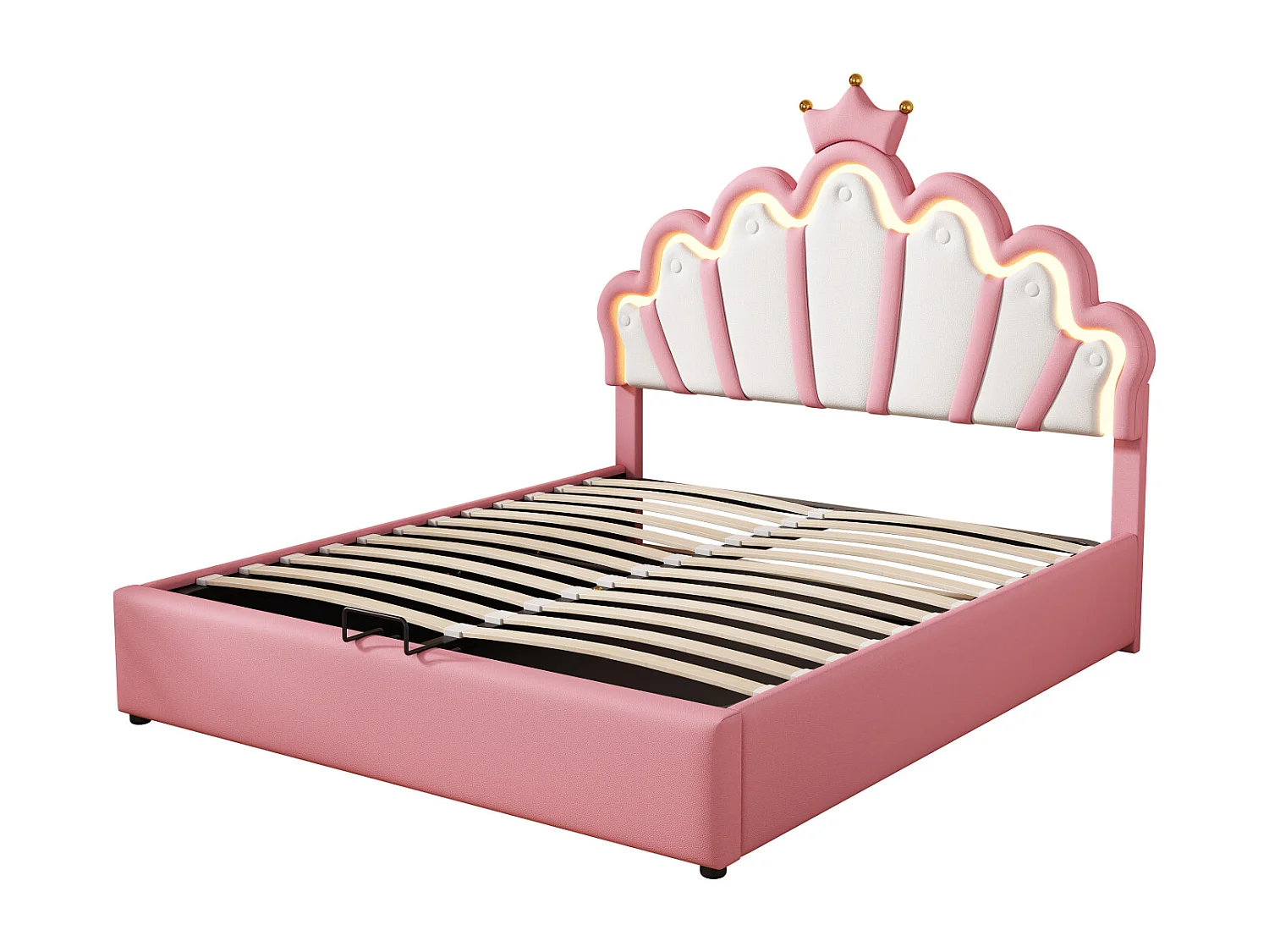 Lit plat, lit capitonné, lit princesse, éclairage d'ambiance réglable, moulure couronnée, ROSE, 140 x 200 cm