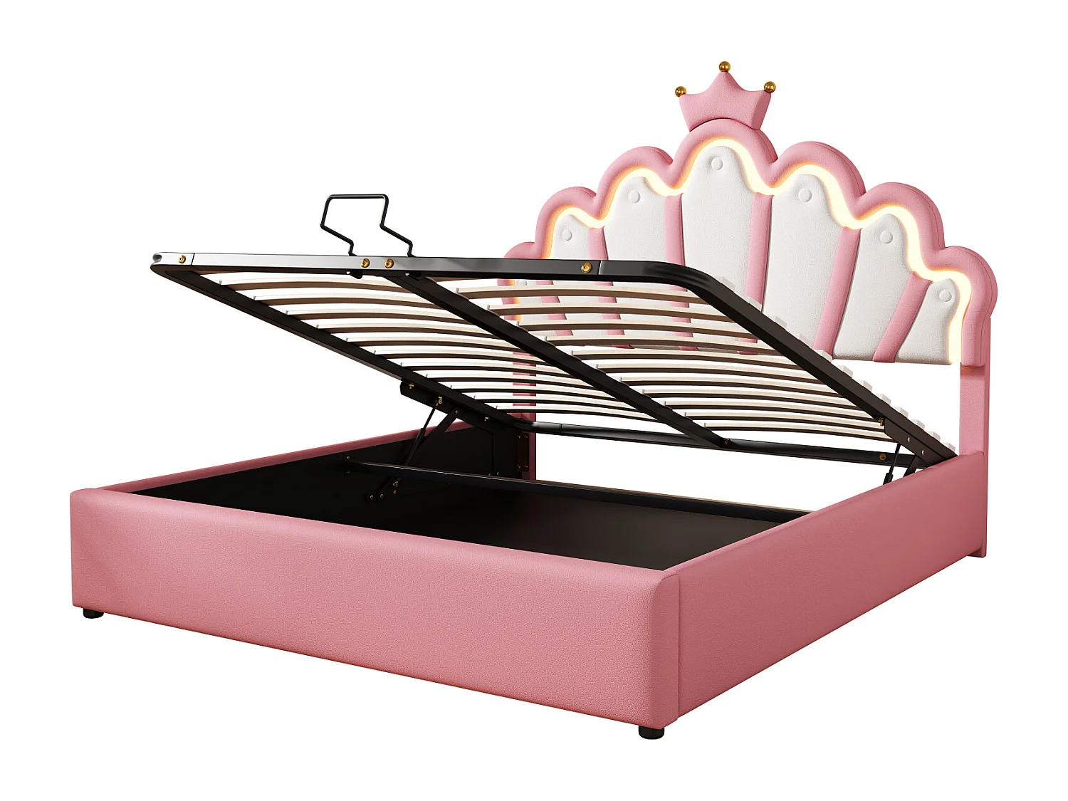 Lit plat, lit capitonné, lit princesse, éclairage d'ambiance réglable, moulure couronnée, ROSE, 140 x 200 cm