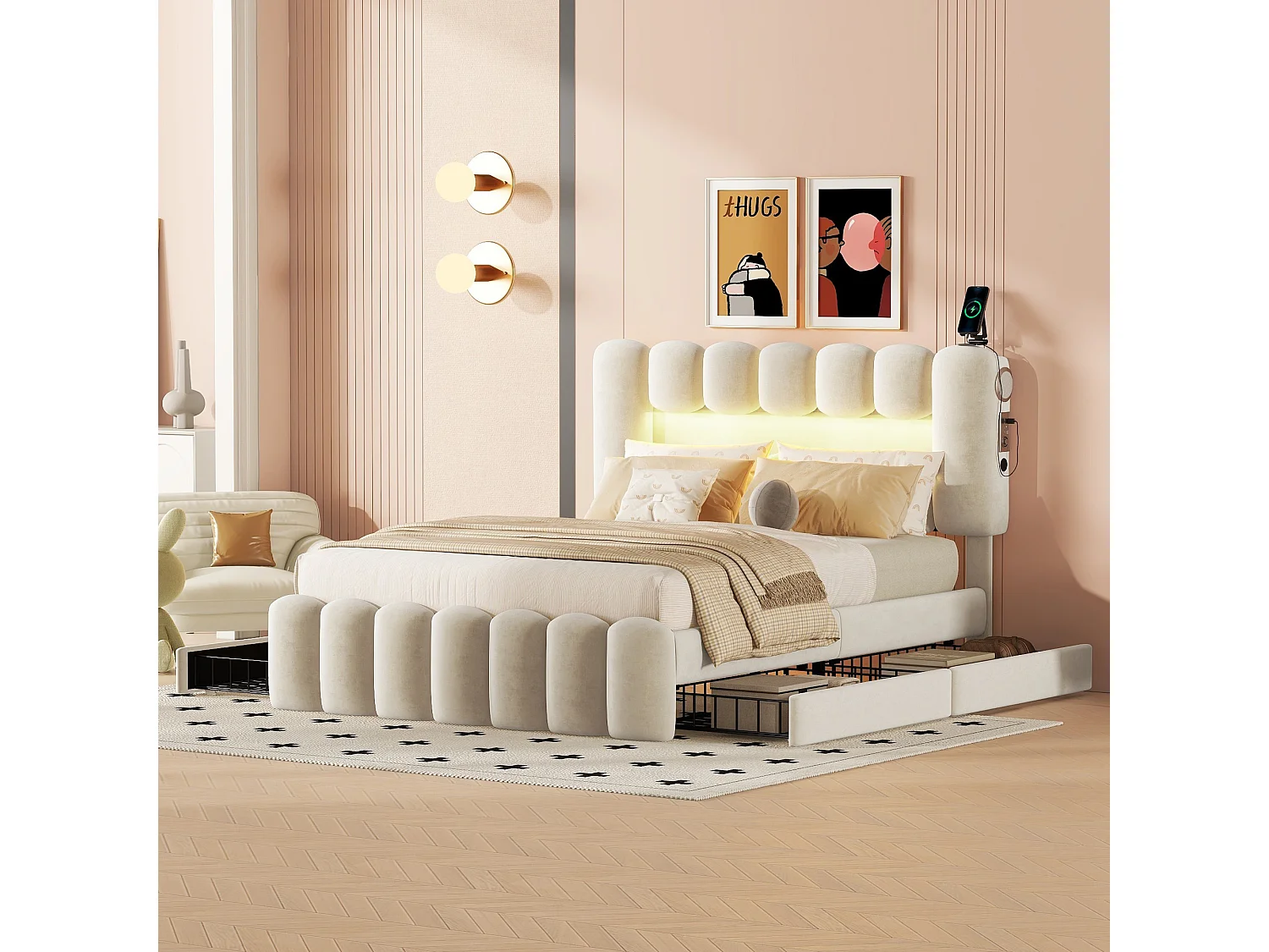 Gestoffeerd bed 140 x 200, gestoffeerd bed met 4 lades, gestoffeerd bed met LED-lichtstrip met USB en stereo, wit