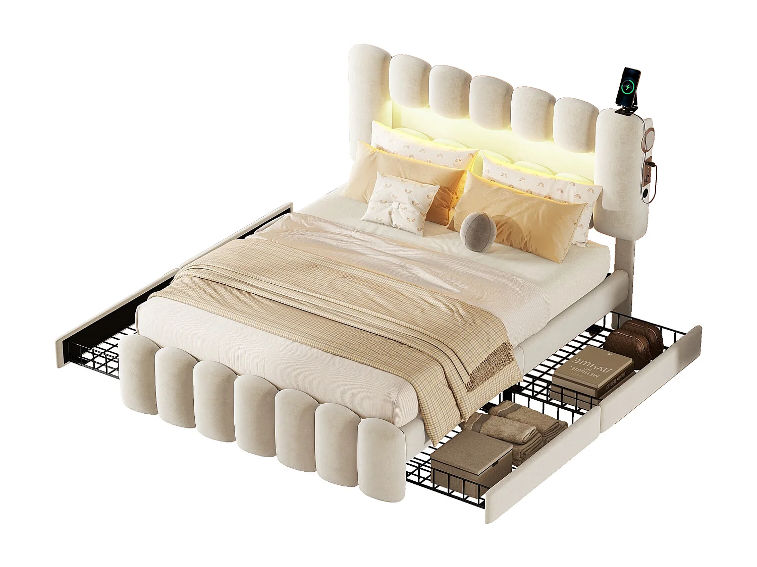 Cama estofada 140 x 200, cama estofada com 4 gavetas, cama estofada com faixa de luz LED com USB e estéreo, branco