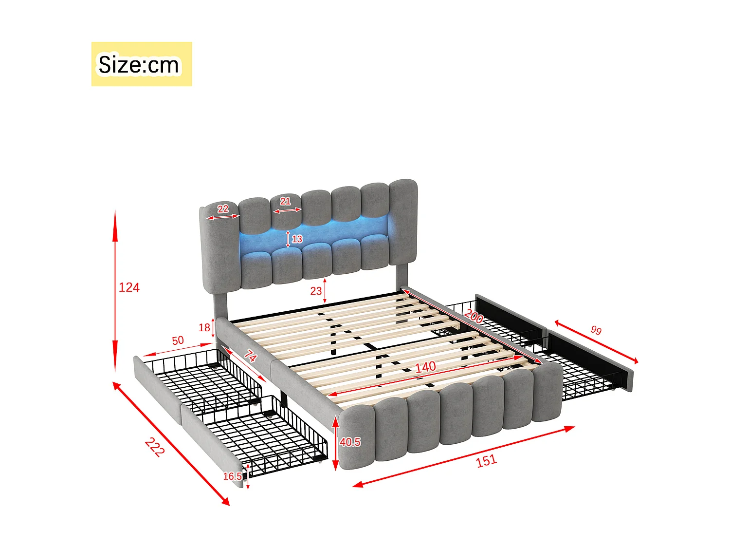 Gestoffeerd bed 140 x 200, gestoffeerd bed met 4 lades, gestoffeerd bed met LED-lichtstrip met USB en stereo, grijs