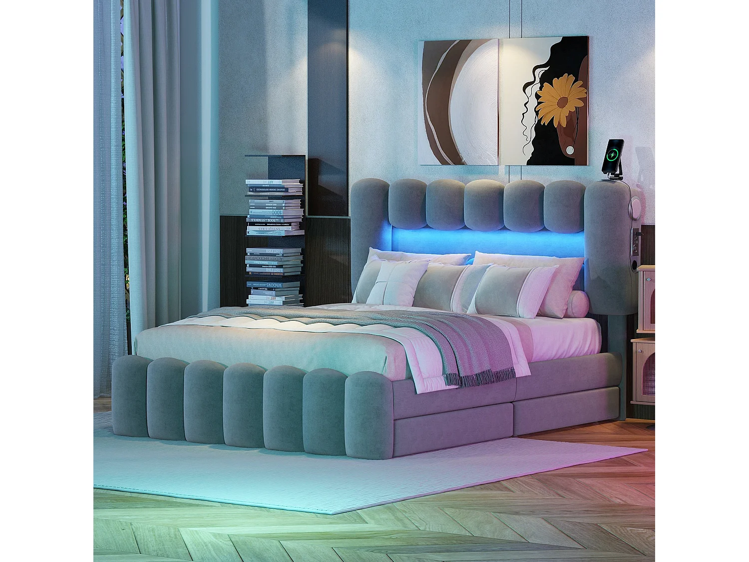 Letto imbottito 140 x 200, letto imbottito con 4 cassetti, letto imbottito con striscia luminosa a LED con USB e stereo, grigio