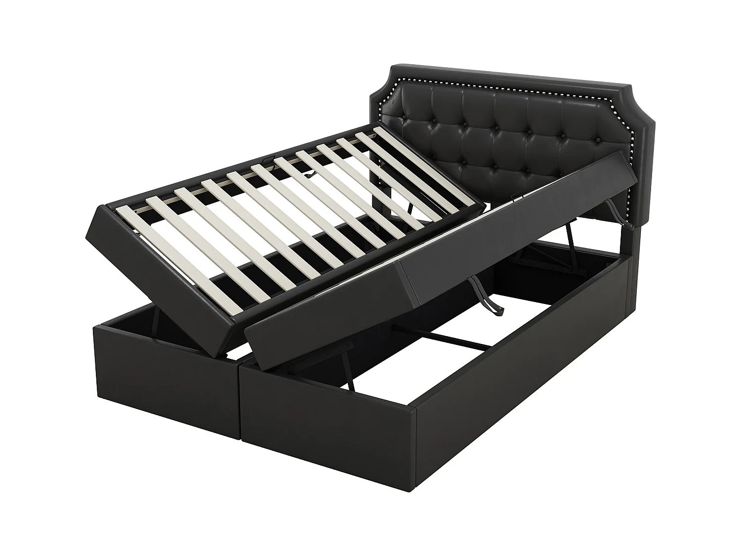 Lit capitonné 140x200cm, lit double avec sommier à lattes en structure métallique, grand espace de rangement, ouvre des deux côtés, noir