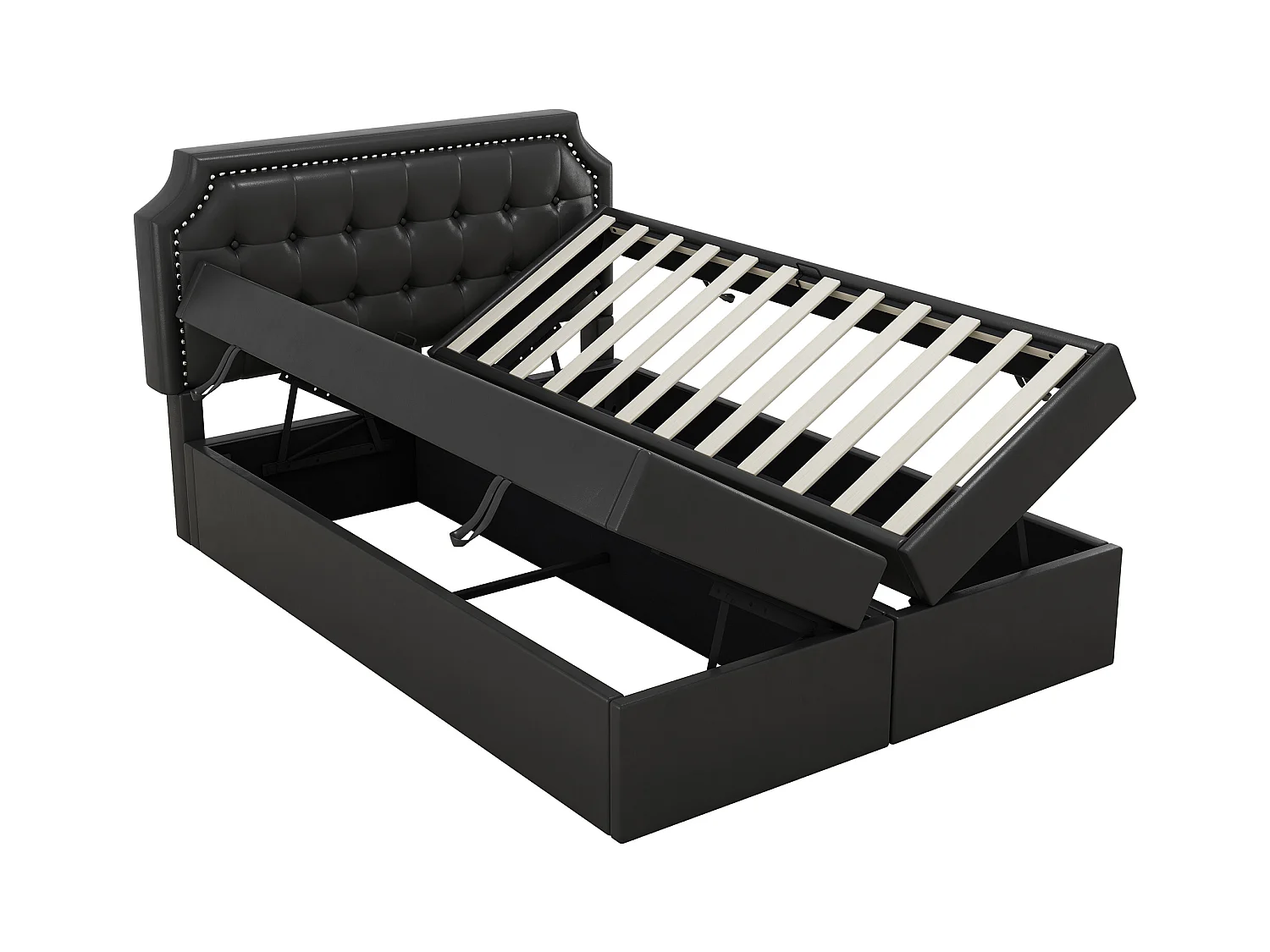 Lit capitonné 140x200cm, lit double avec sommier à lattes en structure métallique, grand espace de rangement, ouvre des deux côtés, noir